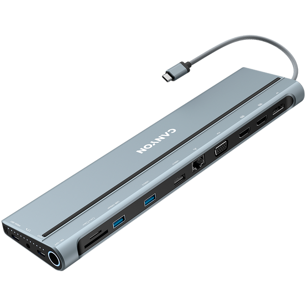 CANYON DS-90, 14 in 1 hub, with Type C female *2,Type C male *1:max 10Gbps,USBA*3:max 10Gbps,DP*1，VGA*1,SD card slot*1,TF card slot*1,Audio 3.5 audio*1,HDMI*2,RJ45*1,cable length 0.20m,Aluminum alloy housing,76*22.5*301mm,Dark grey